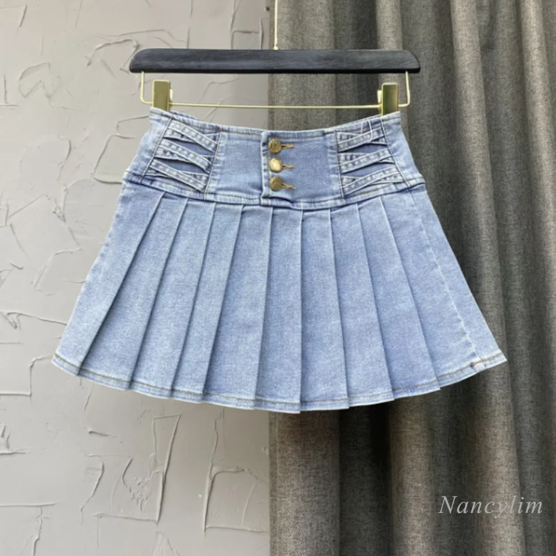 

Korean Style Skirts Womens Spring Summer Clothing 2022 New High Waist Single-Breasted Preppy Style Pleated Denim Faldas Blue
