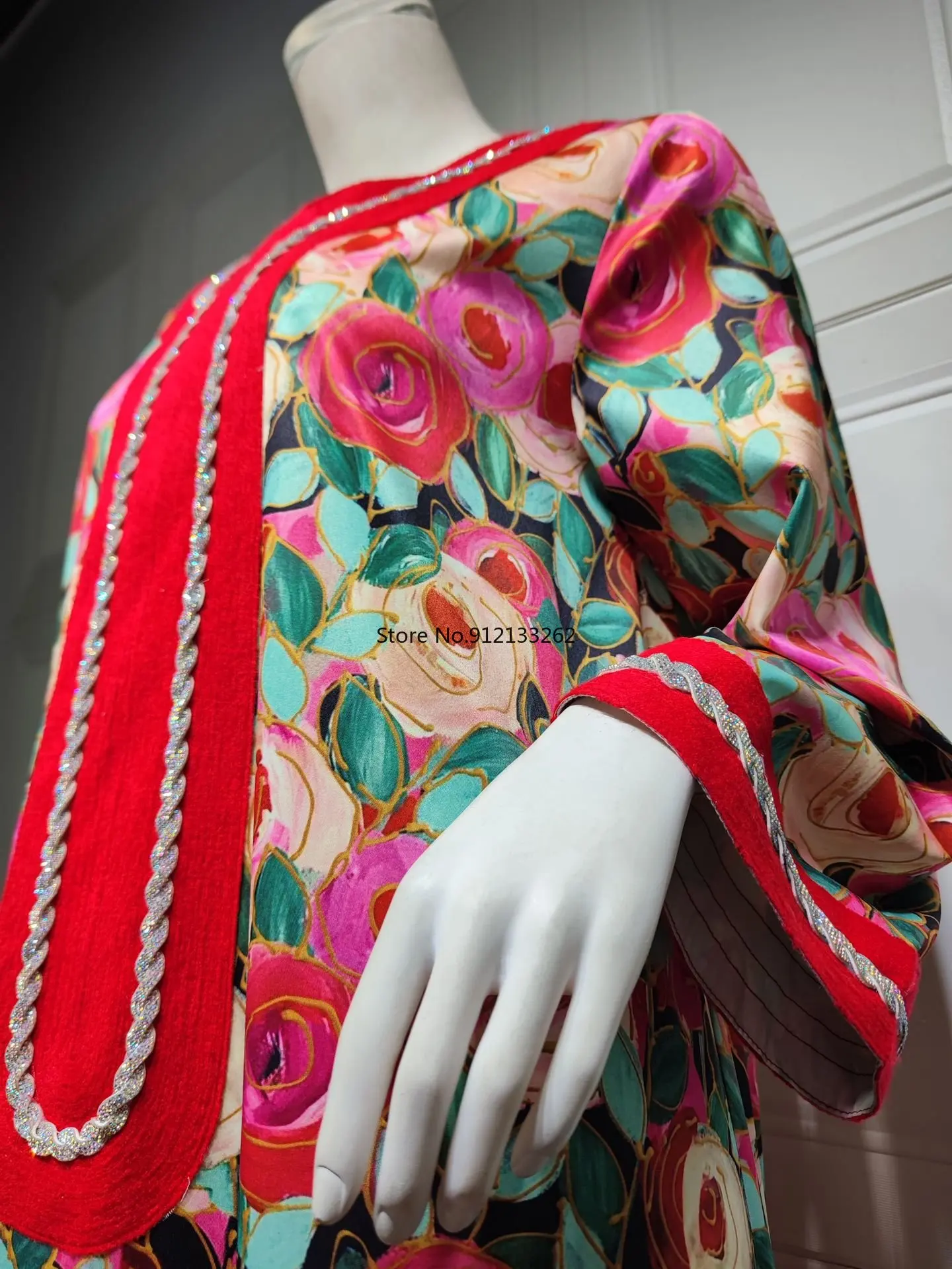Abaya Dubai Turkey Muslim Hijab Dress Floral Printed Dress Luxury Diamonds V-neck Patchwork Long Sleeve Ramadan Clothes Spring