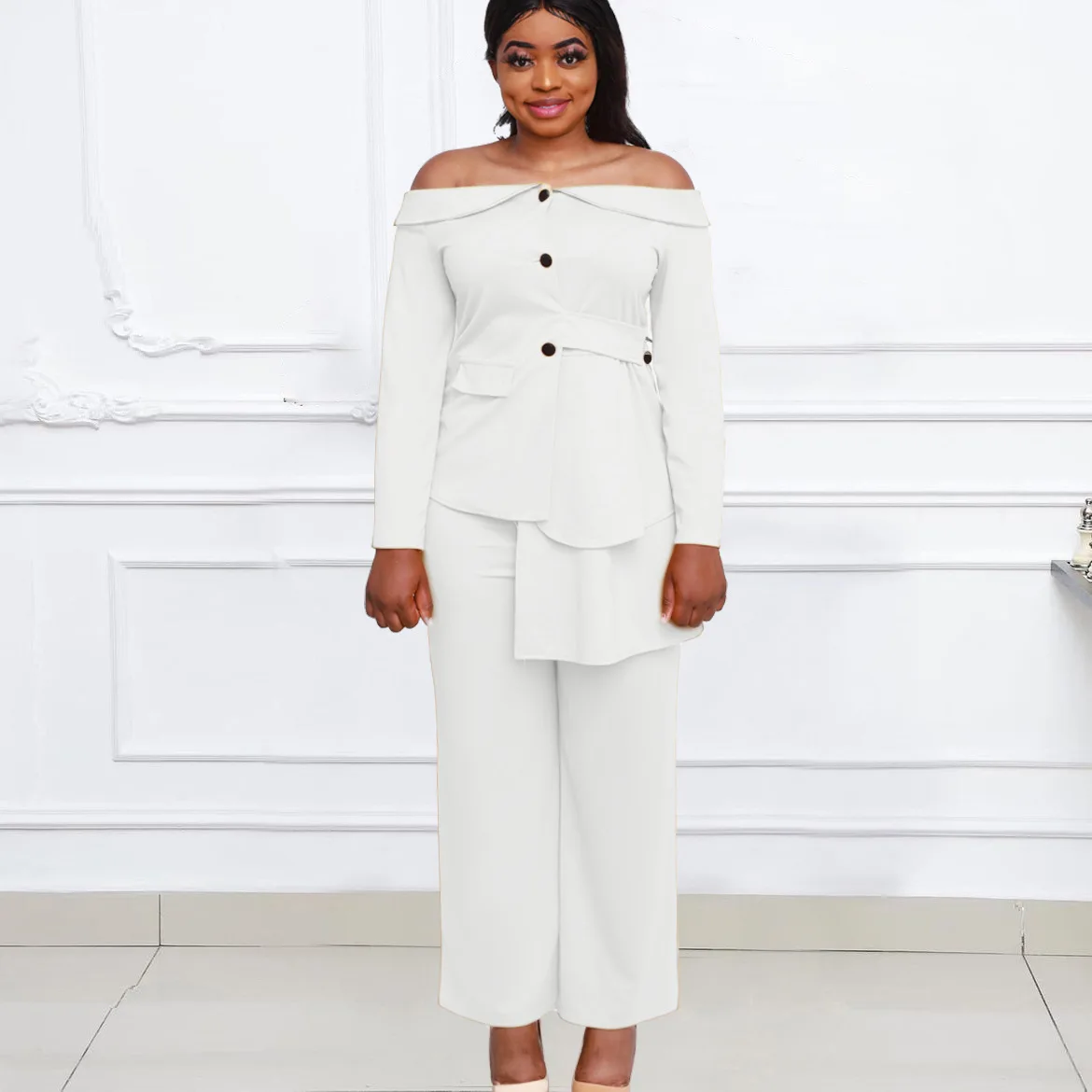 

2022 Spring Autumn African Women Long Sleeve Yellow White Polyester 2 Pieces Sets Top +Long Pant African Suit African Clothes