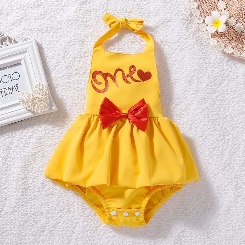

Baby Girls Short Bodysuit, Sleeveless Letter Print Halter Neck Romper, Summer Red Bowknot Bodysuits Clothes