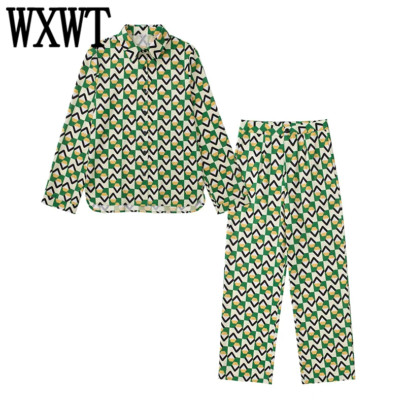 

Модные женские комплекты WXWT с принтом, однобортная рубашка с длинным рукавом и широкие брюки с высокой талией, весна 2022 LY9789