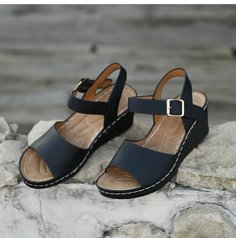 

New Thick Bottom Wedge Sandals for Women's Summer A Word Buckle Strap Woman Sandal Fashion Casual Com-fortable Roman Shoe