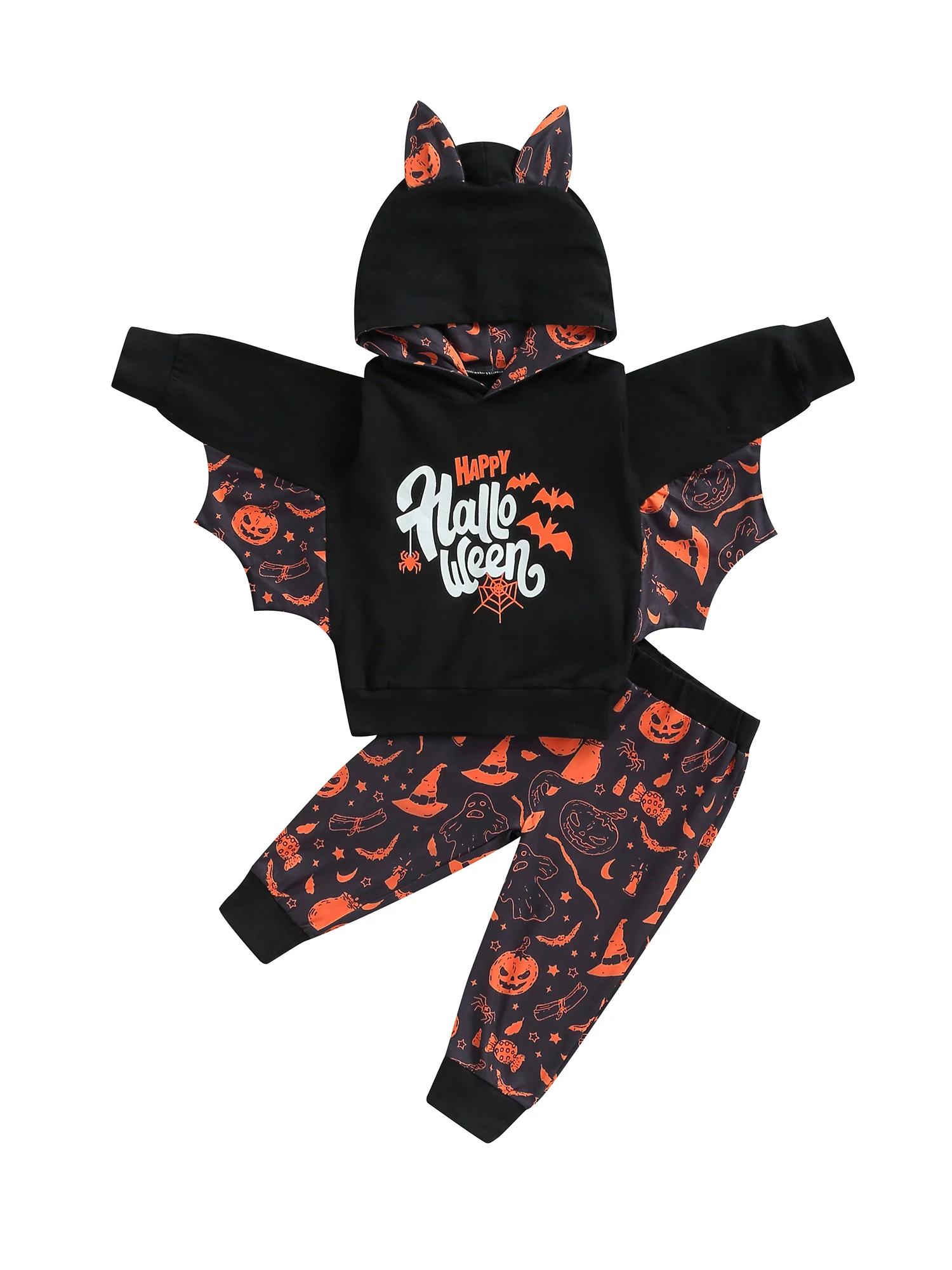 

Caoirhny Kids Girls Boys Sportswear Set Halloween Letter Print Long Batwing Sleeve Hoodie Tops and Pumpkin Print Casual Pants