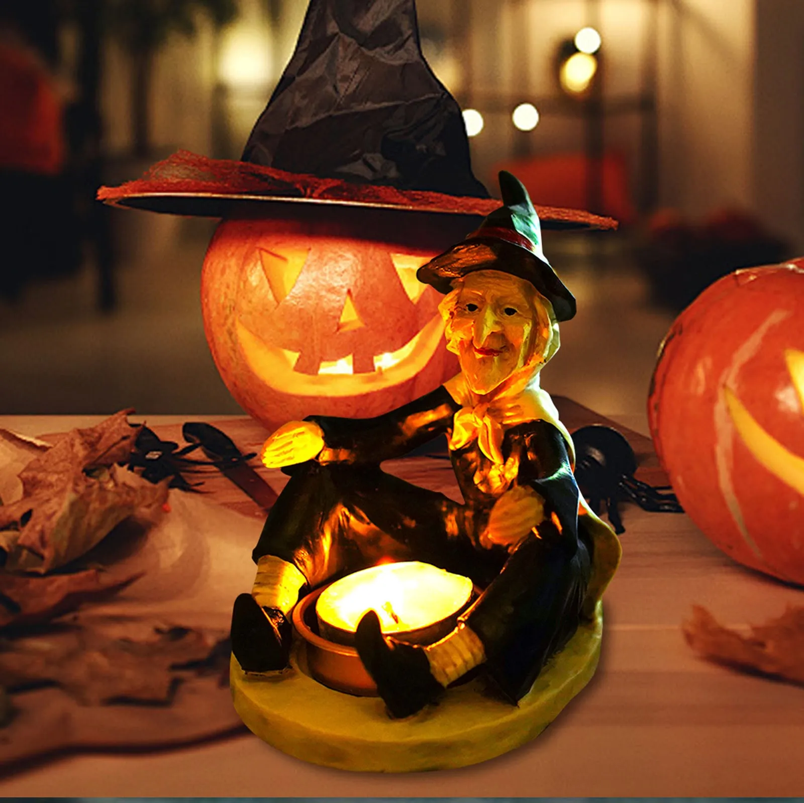 skrzyni szkielet czarownicy trzymający świecznik na kolano kreatywne świeczniki z żywicy unikalny design Halloween atmosfera wystrój