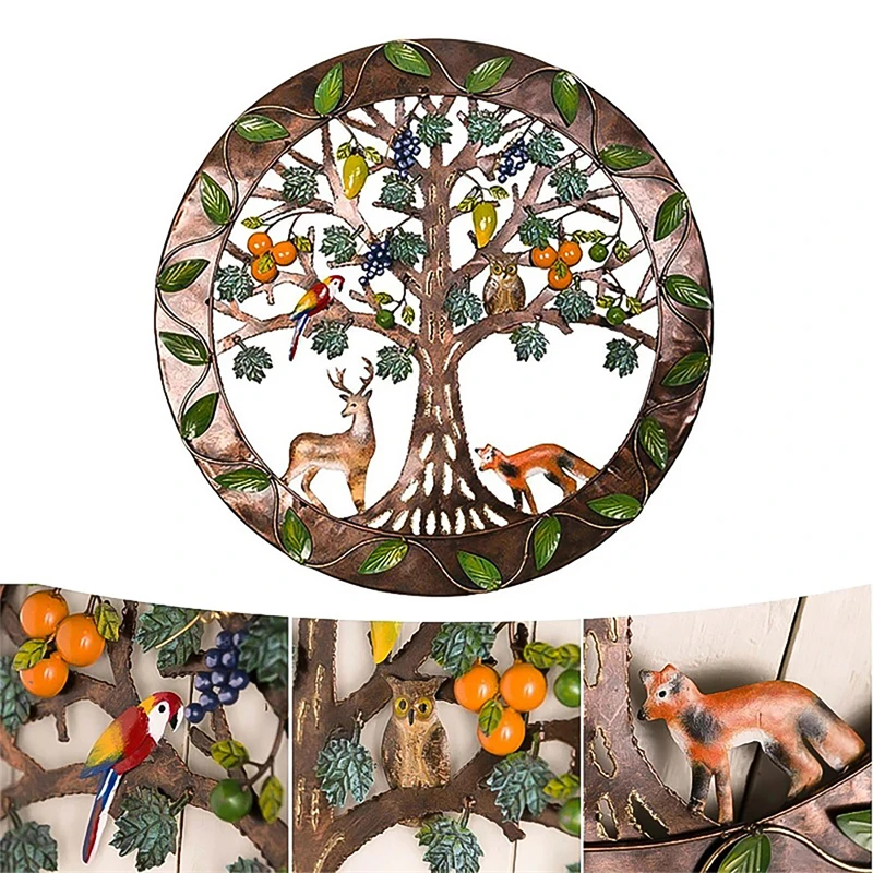 

Metal Tree Of Life Round Wall Decor Art Deco Sculpture Home Decoration Elk Owl Bird Decorative Figurine For Living Room Decor