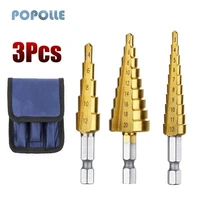 3pcsset 3 124 124 20mm hss titanium coated hex shank straight slot step drills for wood metal hole saw coring bits