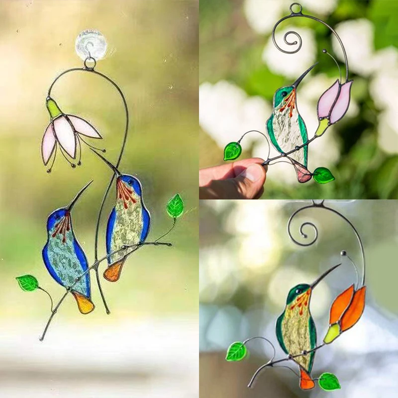 

New Colored Window Bird Pendant Metal Crafts Painted Electroplating Crafts Metal Ornaments Stained Glass Hummingbird Decoration