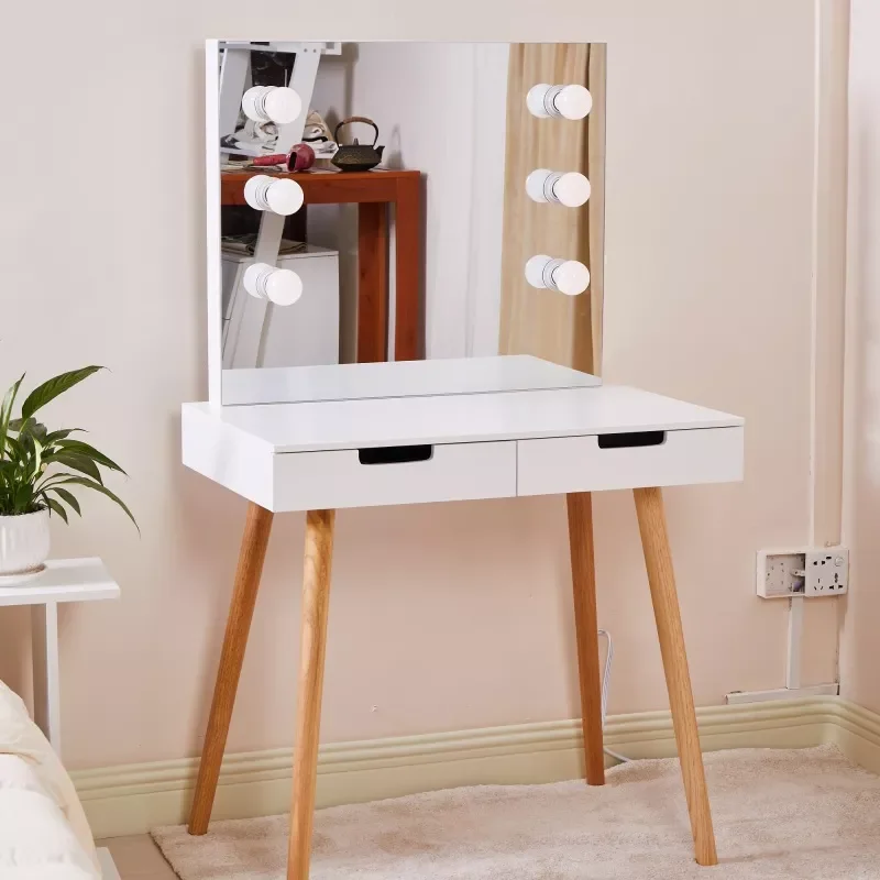 

Wooden Vanity Table Makeup Dressing Desk with LED Light,White