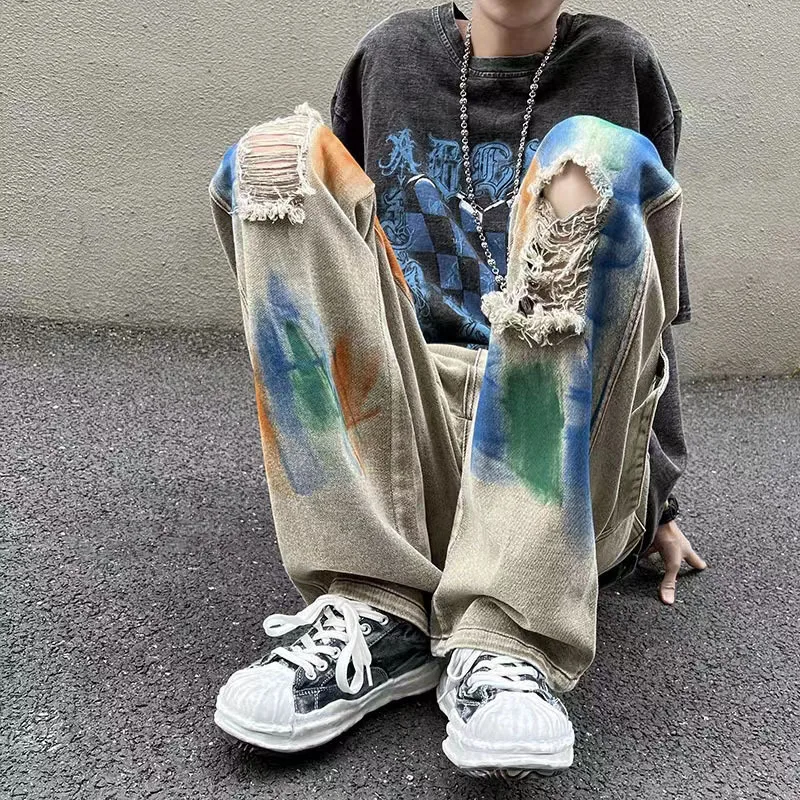 American style overalls, yellow mud dyed torn jeans, men and women's splash-ink tie-dyeing, slimming, wide leg pants