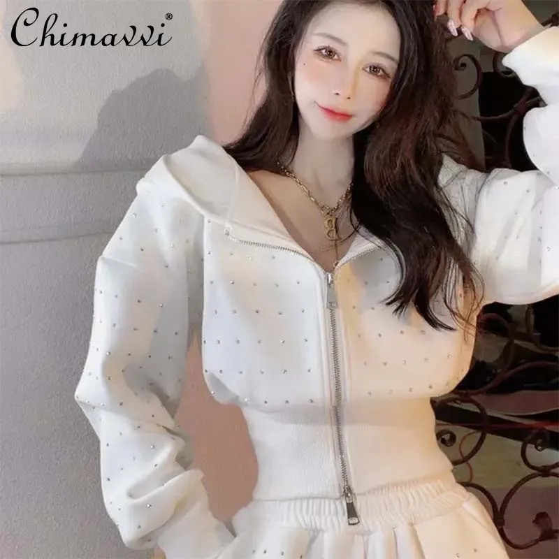 

2022 Autumn and Winter New Ladies Fashion High Street Hot Drilling Fleeced Hooded Top Women's Sweet Wide-leg Pants Two-Piece Set