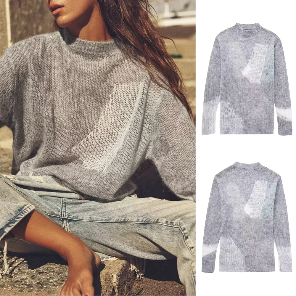 

UNIZERA 2023 Autumn New Women's Slouchy Style Colorblock Hollow out Round Neck Long Sleeve Loose Knit Shirt 2142157