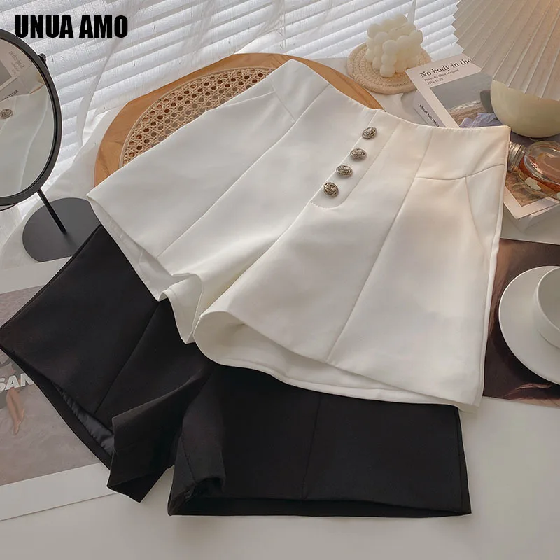 

Elegant Suit Shorts Women High Waist Shorts Office Lady Casual A-line Bottoms Chic Metal Button Wide Leg Short Pants Femme