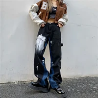 gothic style black baggy jeans woman graffiti painting vintage pants streetwear y2k oversize high waist wide leg denim trousers