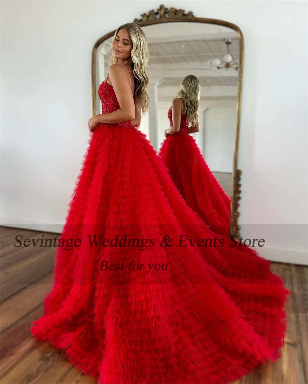 

Sevintage Elegant Red Prom Dresses Strapless Tiered Sequineds Pleat Ruched Floor Length vestidos de fiesta elegantes para mujer