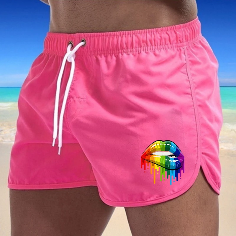 

Summer Men's Shorts Lip Printing Sport Casual Fitness Breathable Training Drawstring Candy Colors Loose Male Beach Pants S-3XL
