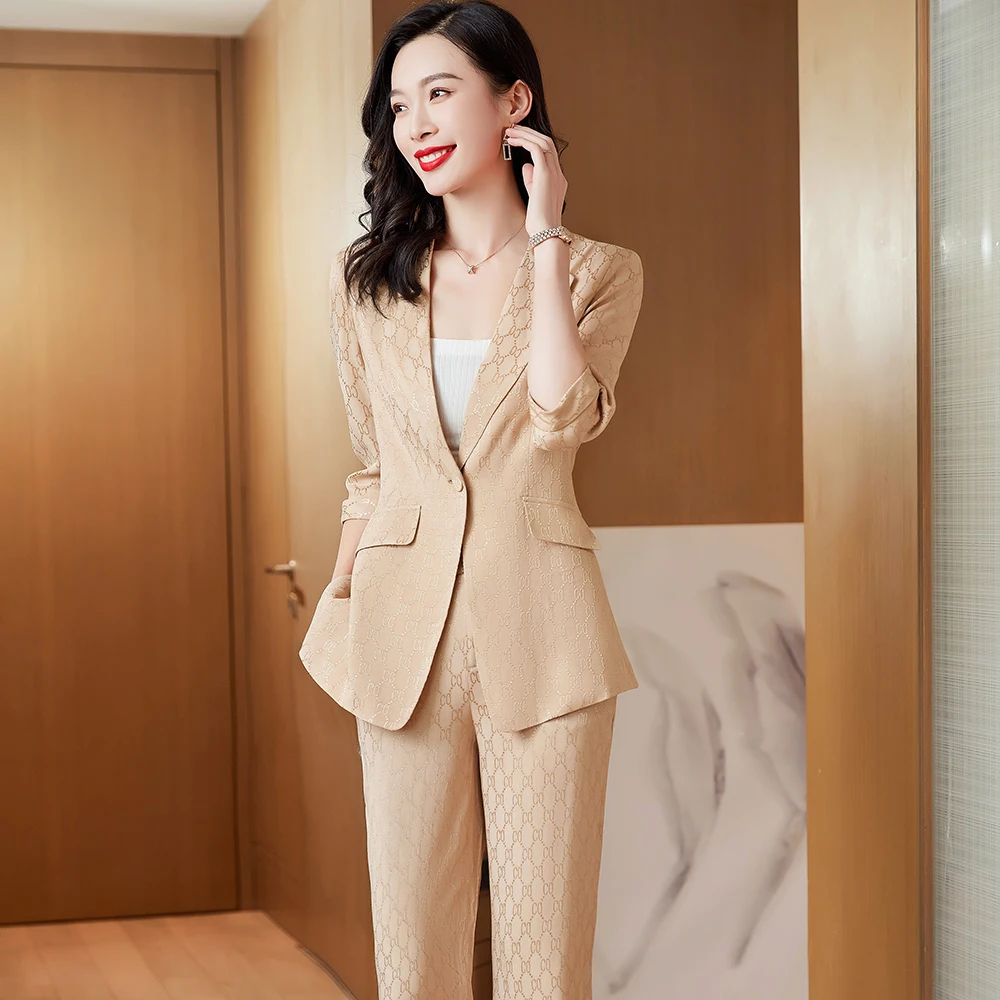 

2023SS Female Elegant Women's Letter Jacquard Pants Suit Blazer and Wide Leg Trouser Business Jacket Office Lady 2 Pieces Set