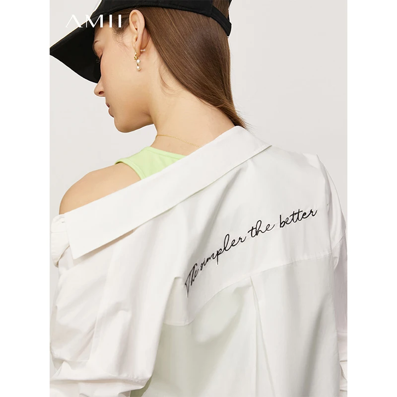 

Amii Minimalism Summer Shirts For Women Fashion Letter Embroidery Loose Tops Office Lady Long Shirts Women's Blouse 12170323