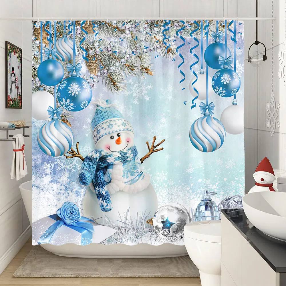 

Merry Christmas Shower Curtains Winter Snowflake Xmas Pine Leaves Lamp Holiday Farmhouse Home Fabric Bath Curtain Bathroom Decor