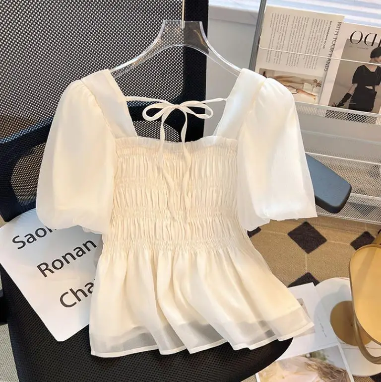 

square neck short sleeved chiffon shirt for women