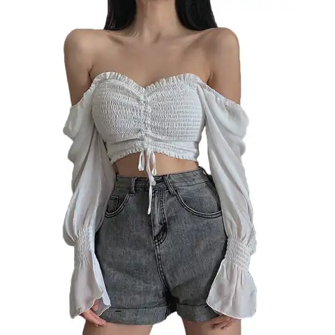 Women Tops And Bloues Sexy Women Long Sleeve Square Neck Shirt Drawstring Off Shoulder Blouse Ruffle Puff Sleeve Tunic Crop Top