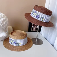retro embroidered flowers wide ribbon straw hat womens summer sun protection flat top hat fashion versatile art fashion hat