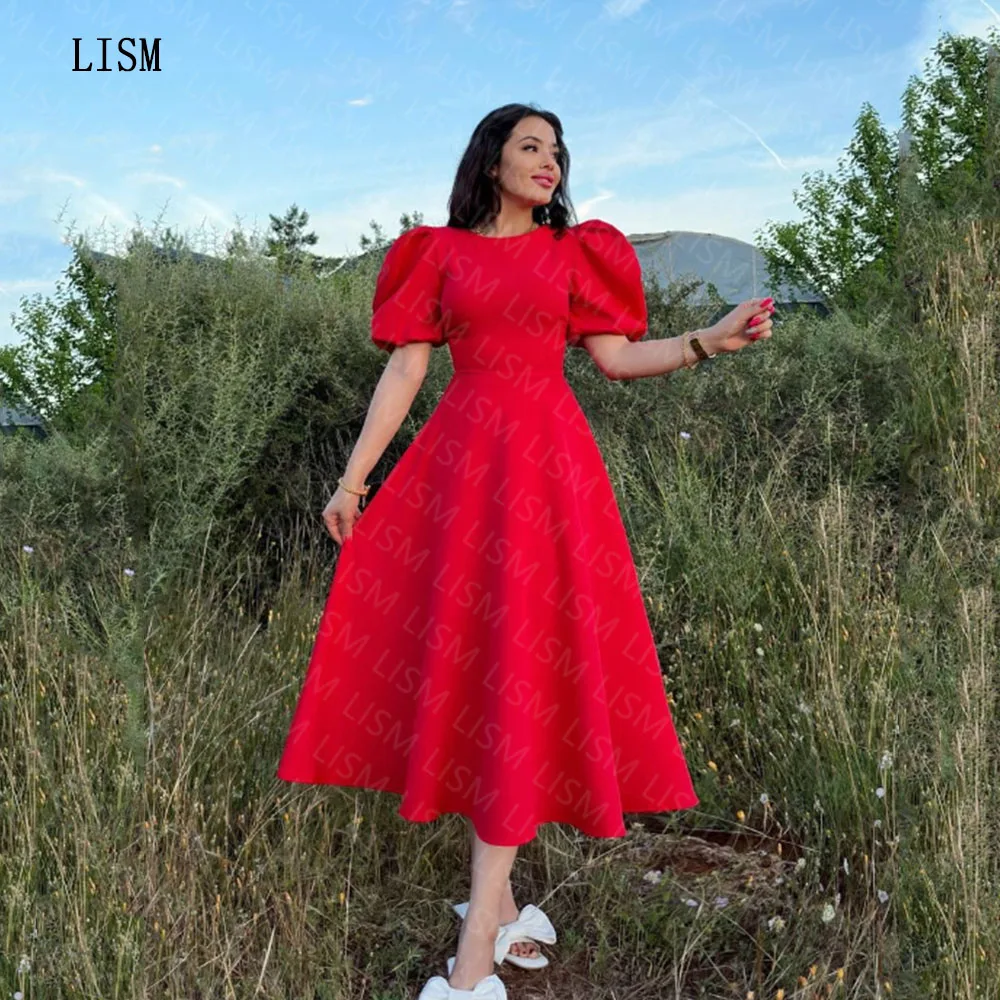 

LISM A-line Red O-neck Short Sleeves Tea-length Simple Beach Evening Party Dresses 2023 Zipper Back Homecoming Prom Gown Classy