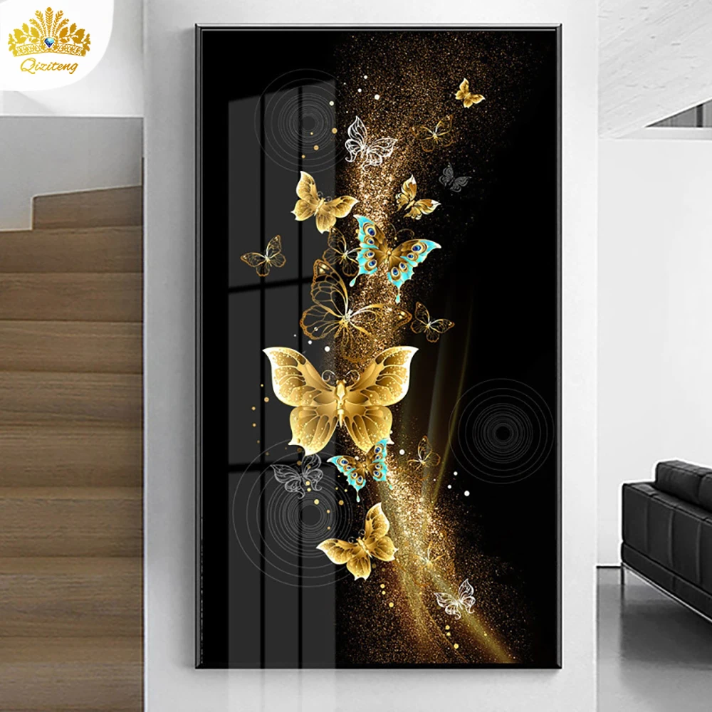 

New Crystal Porcelain Painting Golden Butterfly Porch Decoration Painting High-definition Micro-spray Craft Home Wall Decoration