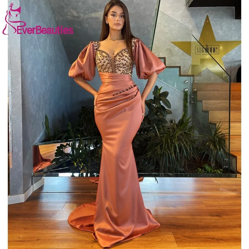

Satin Short Sleeves Mermaid Prom Dresses Vestidos Elegantes Para Mujer Formal Dresses Long Plus Size Maxi Dresses for Women