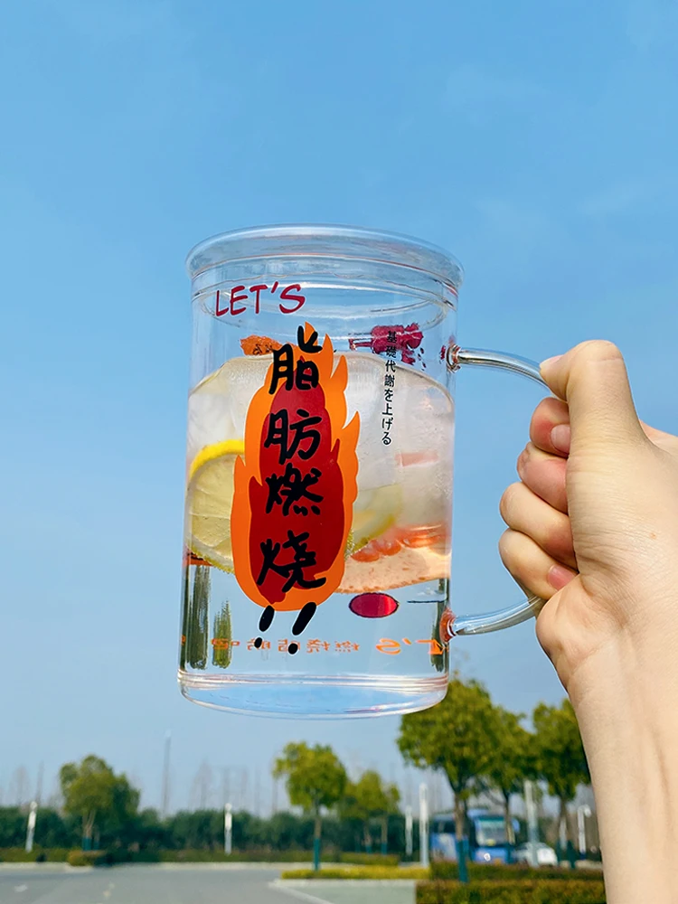 

Glass large capacity 1000ml oversized office water cup milk scale drink water cartoon cup cold and heat resistant