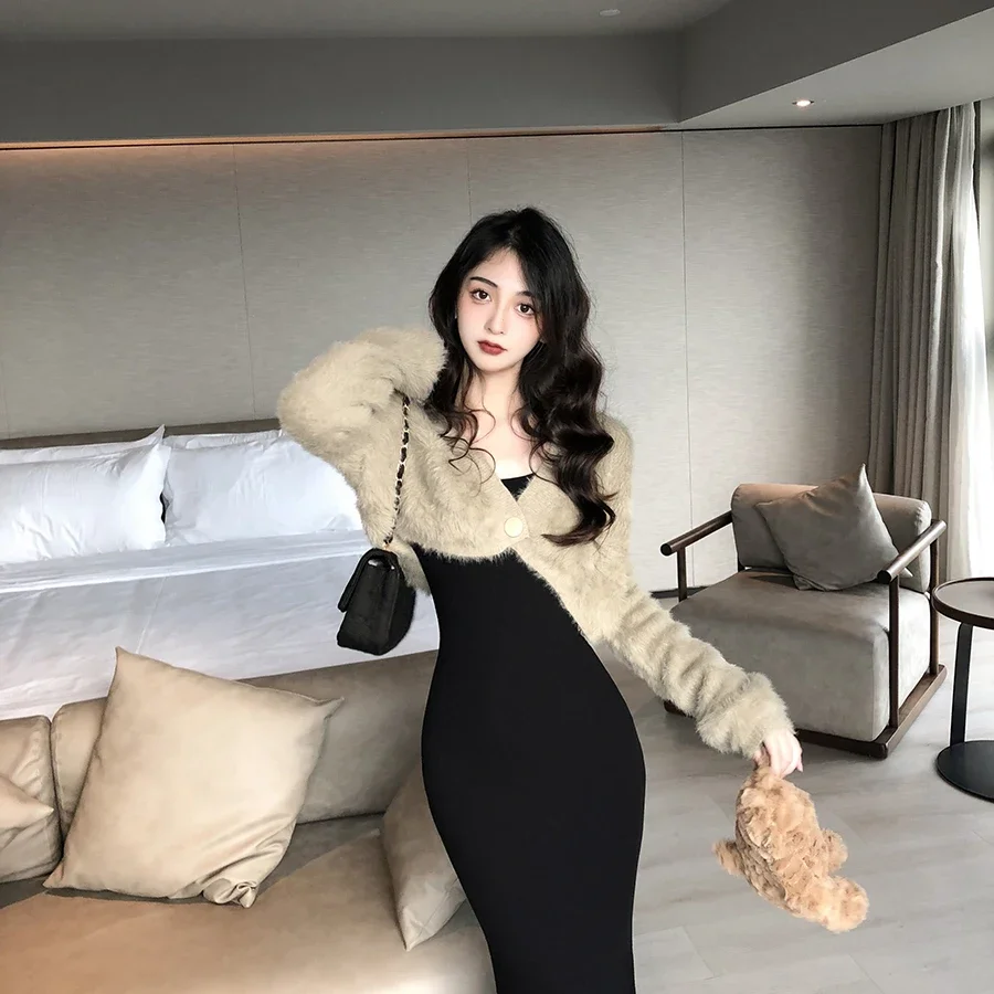 

Sable Hair Short Top Imitation Mink Hair Cardigan One Button Sexy V-Neck Plush Coat Women Temperament Versatile Elegant Faux Fur