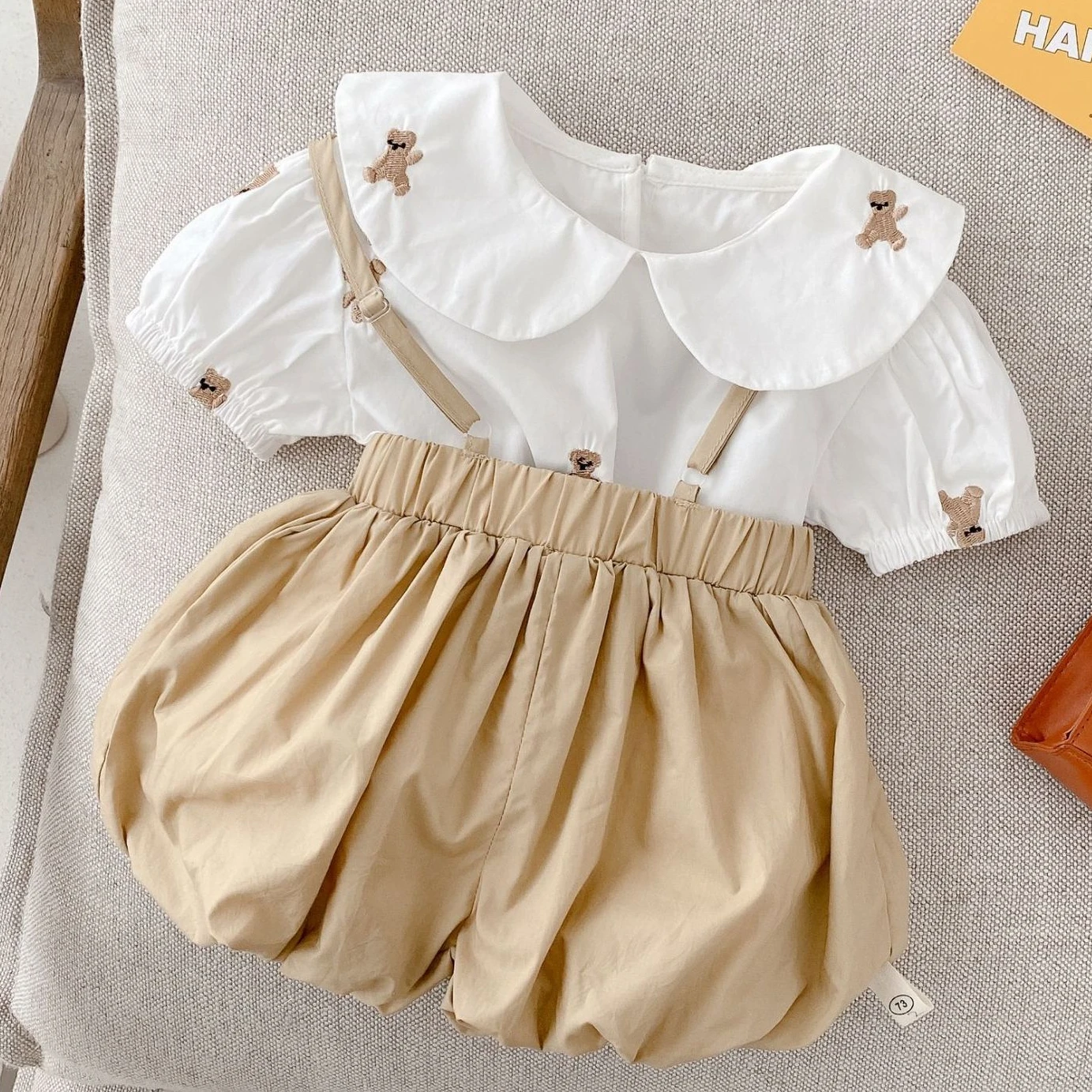 

Одежда для девочек, наряды, летняя блузка с коротким рукавом и воротником «Медведь» вышитая кукла + шорты-комбинезоны, Детские комплекты руб...