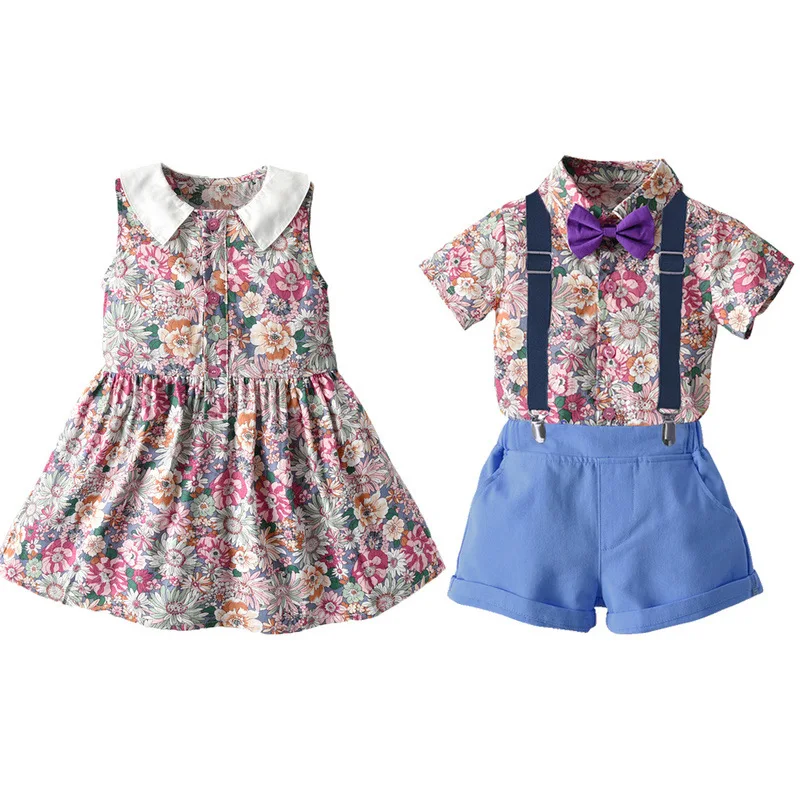 Summer Kids Brother Sister Matching Outfits Baby Boy Suspender Suits Set Floral Girls Dress Family  Outfit Casual Wear