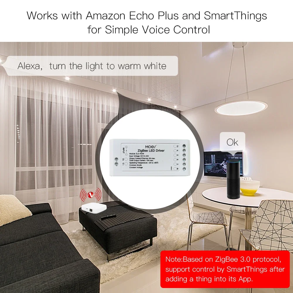Умный модуль диммера Moes ZigBee 3.0 для светодиодных лент с регулировкой яркости и цветовой температуры, совместимый с Tuya APP, Alexa, Google Home (art.: 3920d922dcebe) - 3920d922dcebe