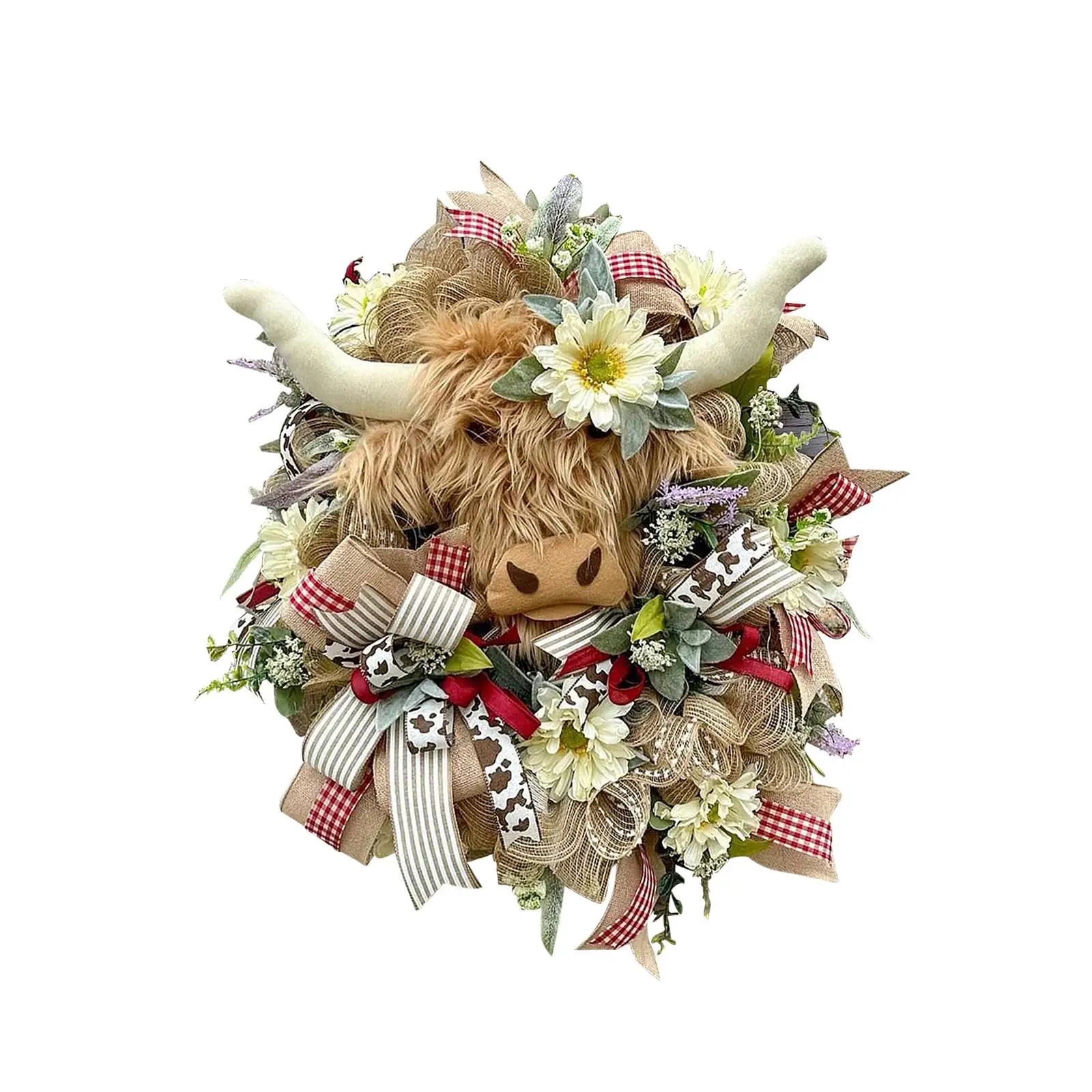 

Spring Summer Highland Cattle Wreaths Wall Door Wreath 15.7inch Durable for House Fireplace Artificial Floral Wreath Handcrafted