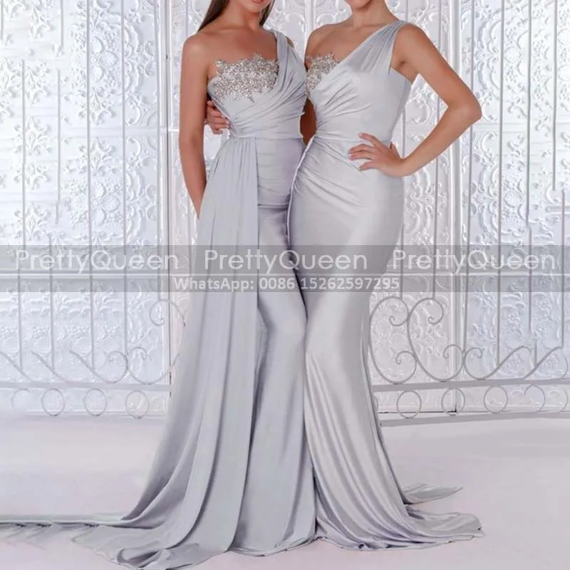 

Серебристые стрейсеры платья русалки для выпускного вечера с бусинами аппликации на одно плечо длинное вечернее платье-годе Вечерние
