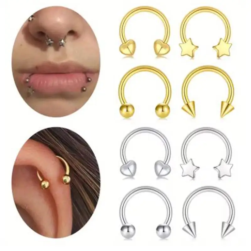 Фото 4pcs/Set 16G нержавеющей стали тело пирсинг кольца подковки нос губы уши обручки с шаром конус звезда сердце шармы для женщин №2