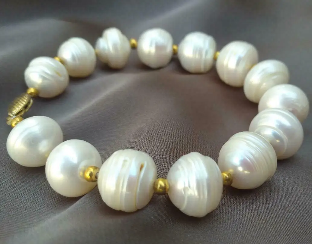 

7.5-8" Baroque 11-12mm White South Sea Pearl Bracelet 14k gold-plated Clasp