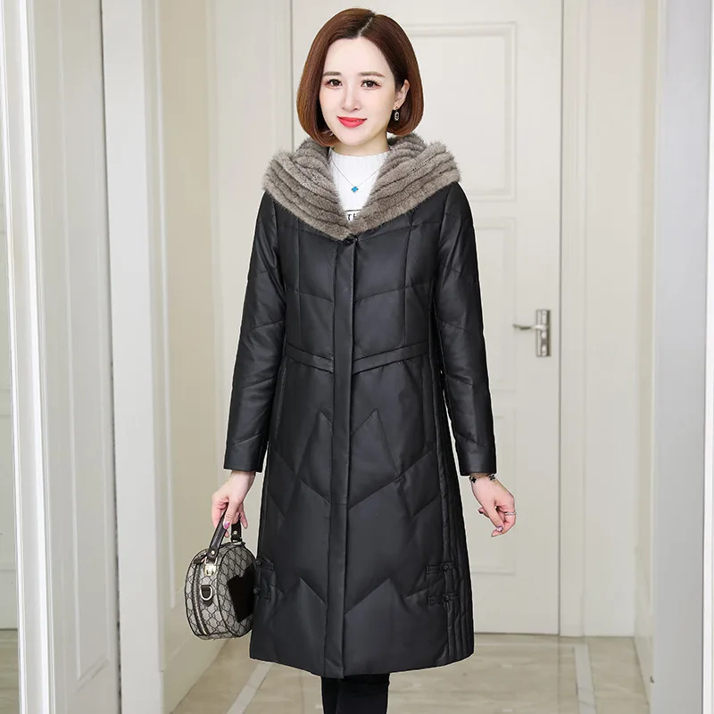 

Middle Aged Warm Genuine Leather Fur Down Jacket Luxury Women's Winter New Foreign Style Sheepskin Mid-Long Down Overcoat Hooded