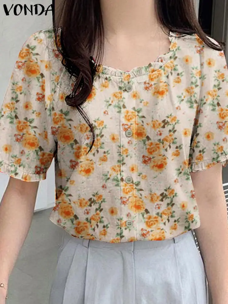 VONDA Женская Цветочная блузка 2024 Модные топы Летняя богемная туника с принтом