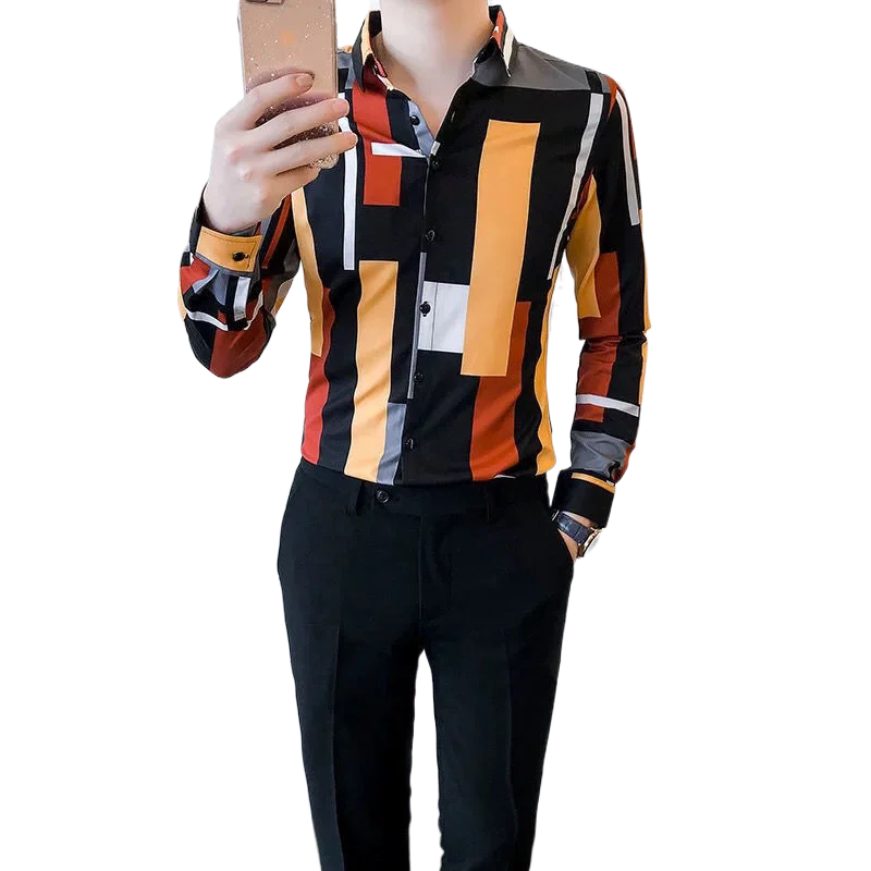 

Very fairy shirt men's color matching slim spring and autumn Korean fashion handsome contrast shirt men's long sleeve shirt