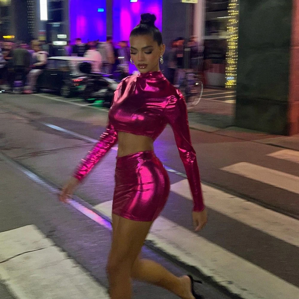 Женский комплект из двух предметов короткий топ с высоким воротником и длинным