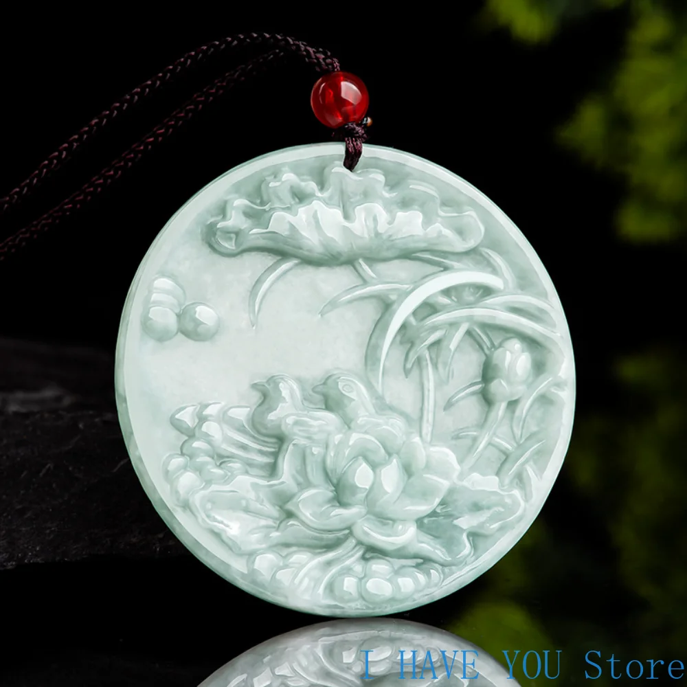 

Natural Myanmar A-grade Jade Pendant Lotus Mandarin Duck Pendant Ice Seed Jade Pendant for Men and Women Lovers Jade Necklace