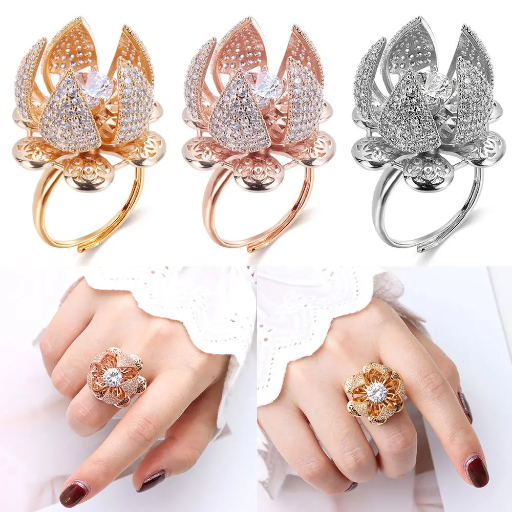 

Stainless Steel Western style Zircon Spinning Ring Hollow Open Flower Hollow Open And Close Bud Ring Garland Ring