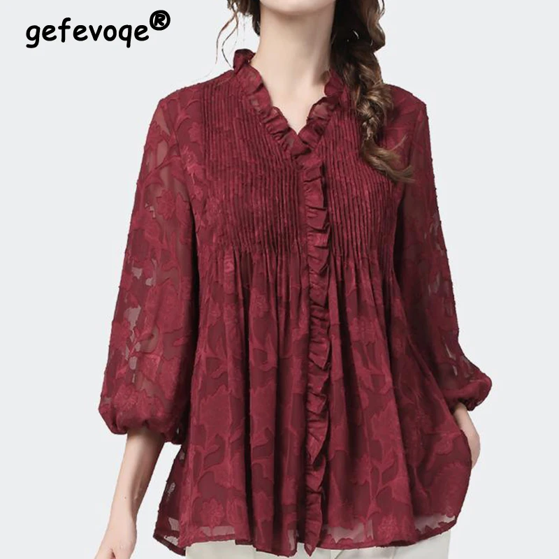 

Elegant Fashion Solid Lace Patchwork Button Chiffon Shirt Summer 2022 V-Neck Three Quarter Sleeve Loose Cardigan Women's Clothes