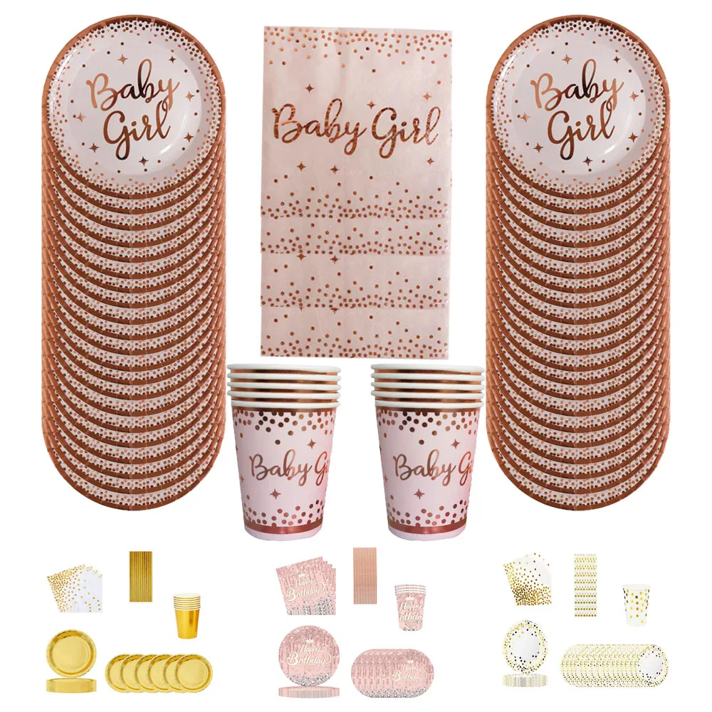 Rose Gold Birthday Disposable Tableware Set Paper Cup Plates Birthday Party Decorations Kids Baby Shower Girl Party Tableware