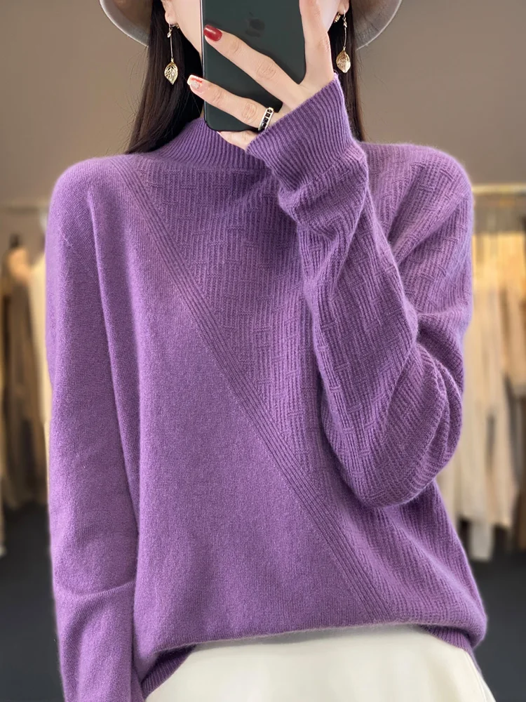 

Autumn Winter Women Mock-neck Pullover Sweater 100% Merino Wool Warm Basic Bottoming Shirt Cashmere Knitwear 2023 New Fashion