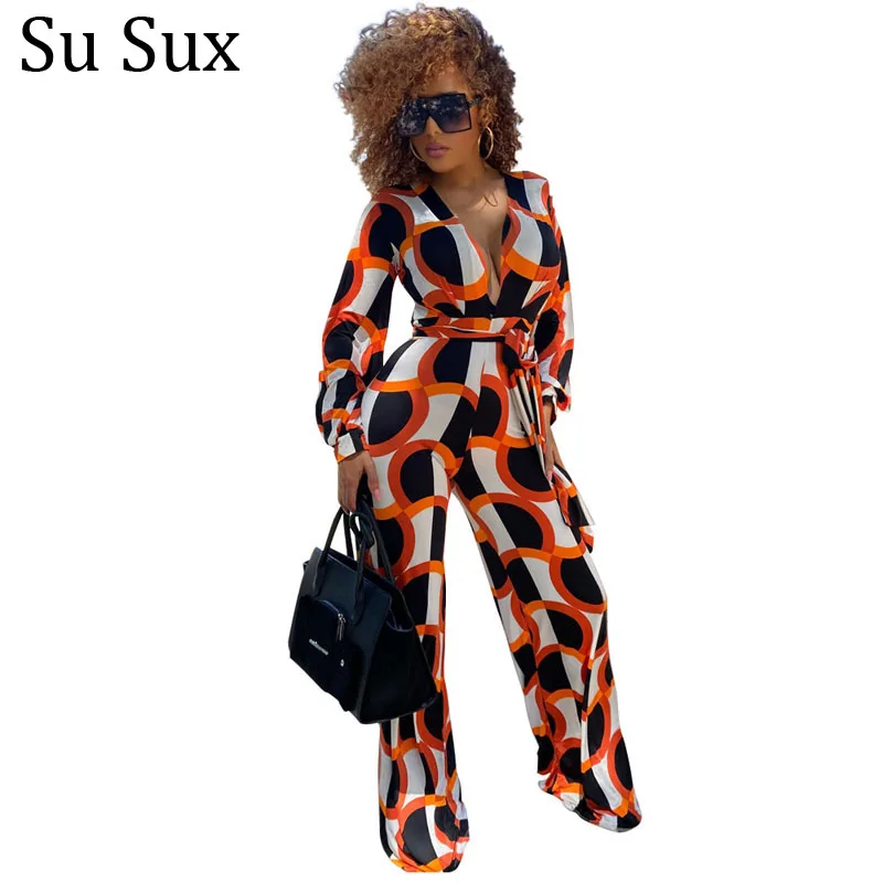 

Print Deep V Neck Wide Leg Jumpsuit Women Bodysuit Long Sleeve High Waist Long Pants Jumpsuit Overalls Vestidos 2022 Autumn