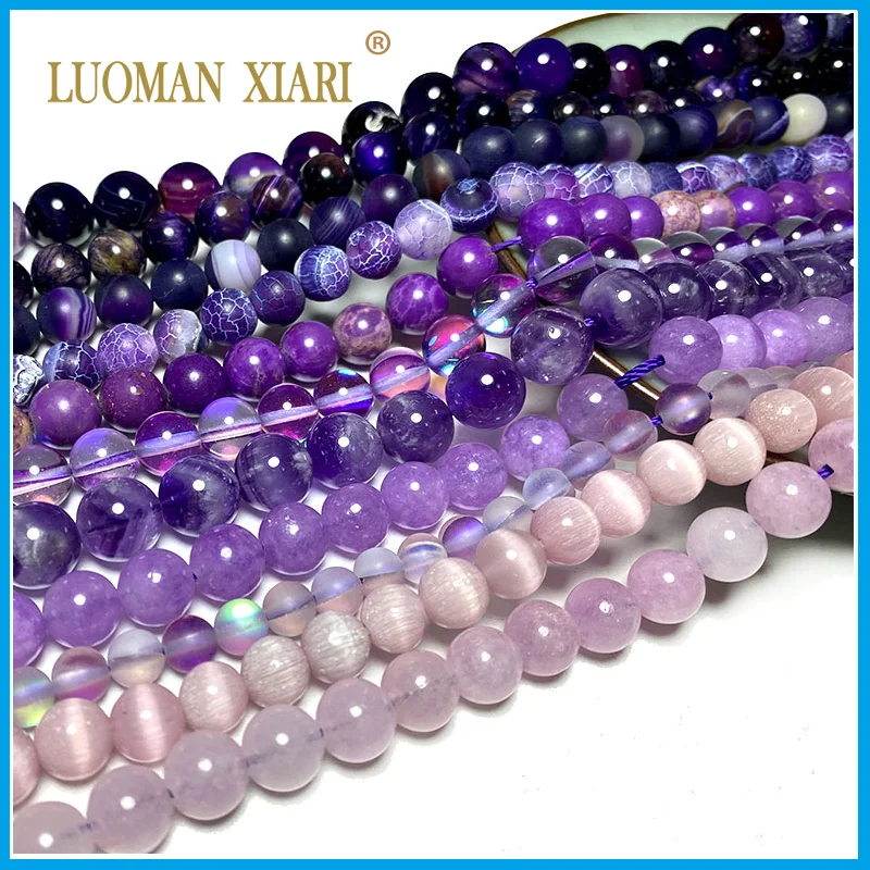 

Wholesale Purple Natural Stone Agate Amethyst Jade Tiger Eye Round Loose Spacer Beads for Making Jewelry DIY Bracelet Charms
