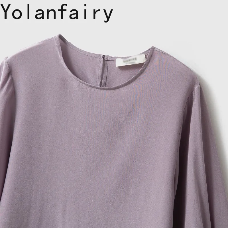Фото YOLANFAIRY Женская летняя блузка из 100% шелка тутового шелкопряда, креп-дешин, с круглым вырезом, рукавом до локтя, свободного кроя, повседневная №3
