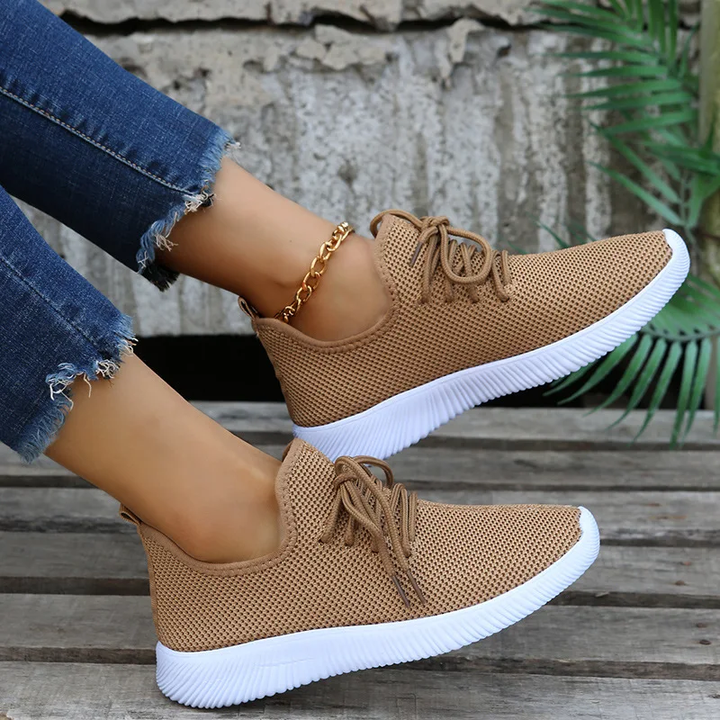 Round Toe Flat Vulcanizeds Shoes Women Breathable Mesh Lace-up Casual Shoes Outdoor Sports Shoes 2022 New Summer Women's Shoes